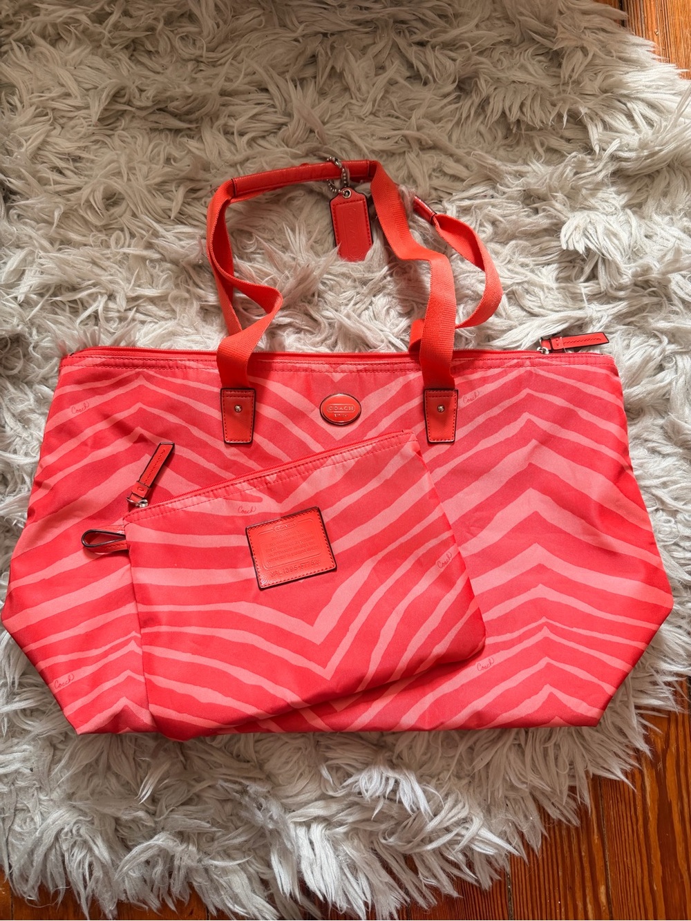 COACH Coral Zebra Stripe Women's Tote Bag with Matching Pouch